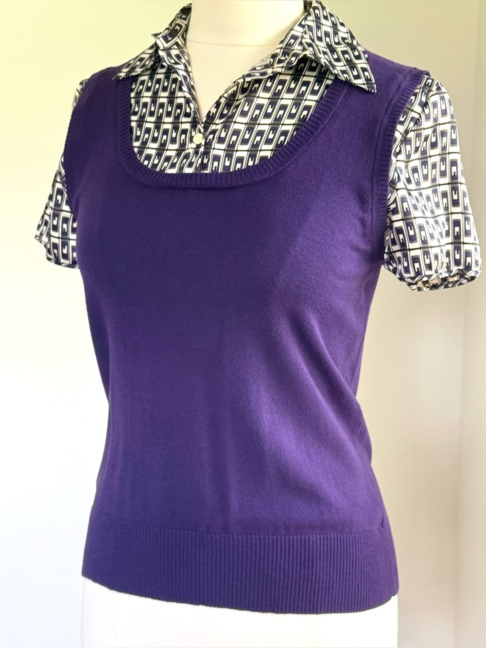 Bay Studio Career S Purple Knit Sweater Vest Geo Print Collar Y2K Academia